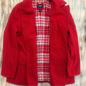Abercrombie & Fitch Red Wool Blend Pea Coat Women Medium Plaid Flannel Lined Y2K